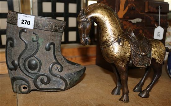 A Chinese archaistic metal stirrup and a bronze horse